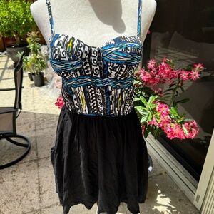 FOLLOW. NWT. Blue Tribal Printed mini, spaghetti strap dress.Hand made. …